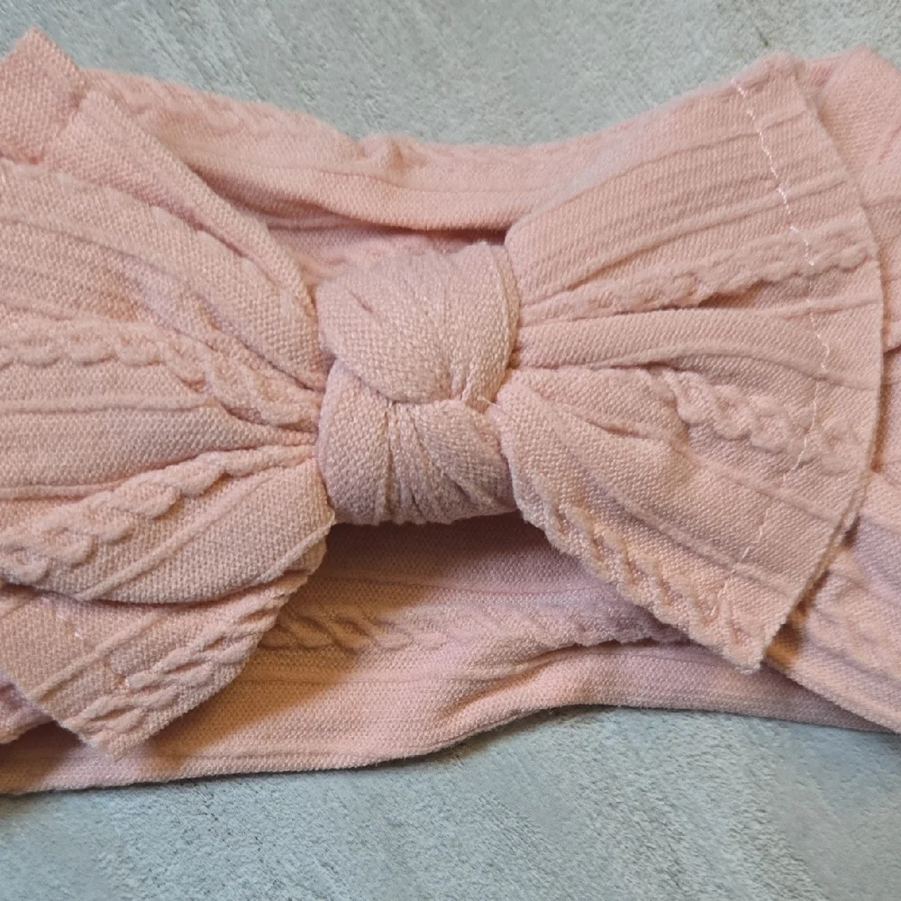 Cable Knit Baby Girl Light Pink Headband Oversized Bow Stretchy Nylon Hairband